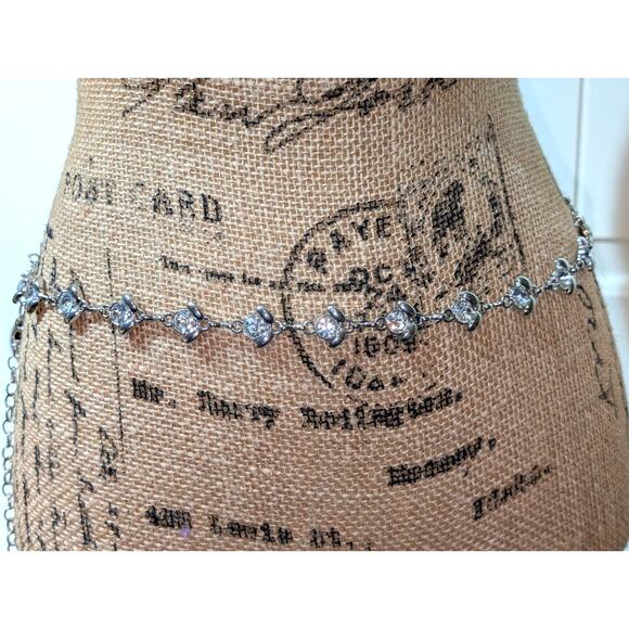 Vintage Silver Tone Rhinestone Chain Link Belt 32"-52" - Picture 1 of 4
